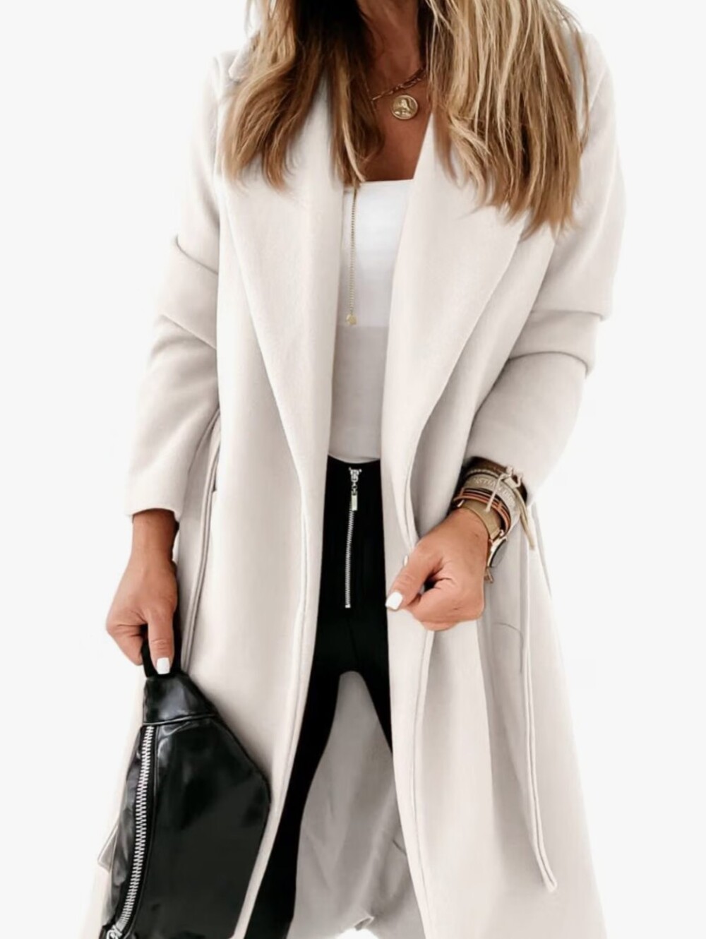 Womens Classic Coat Lapel Collar Open Front Belted Long Jacket